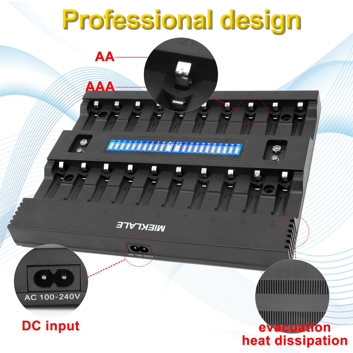 MIEKLALE 20+2 bay charger charging-status indicator helps monitor progress easily.