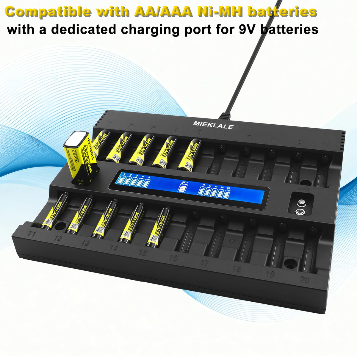 MIEKLALE 20+2 bay charger individual slots support flexible, mixed-battery charging.