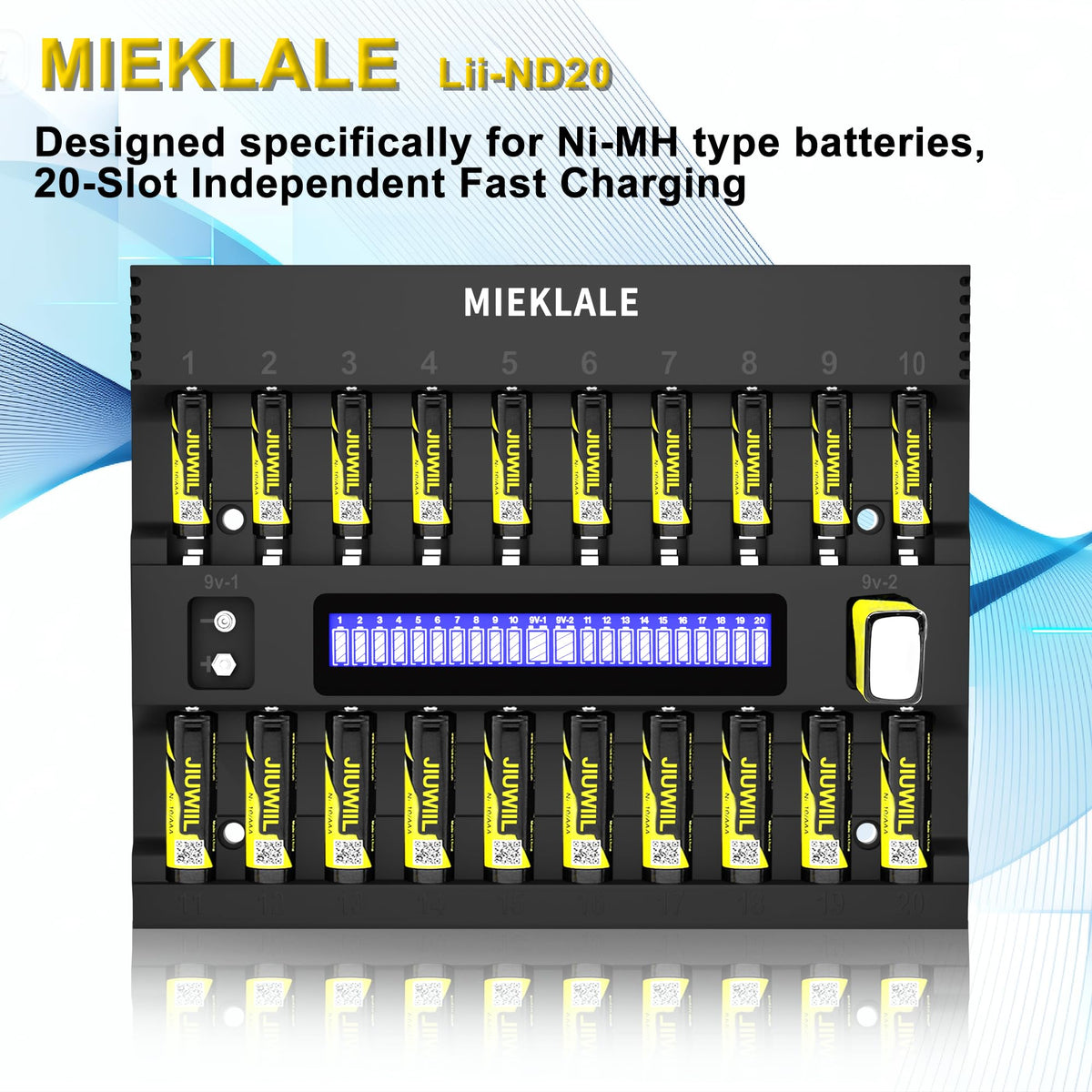 MIEKLALE 20+2 bay charger LCD display shows charging status at a glance.