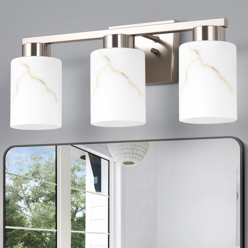 Mieloxiy 3-light fixture in brushed nickel finish for a contemporary bath.