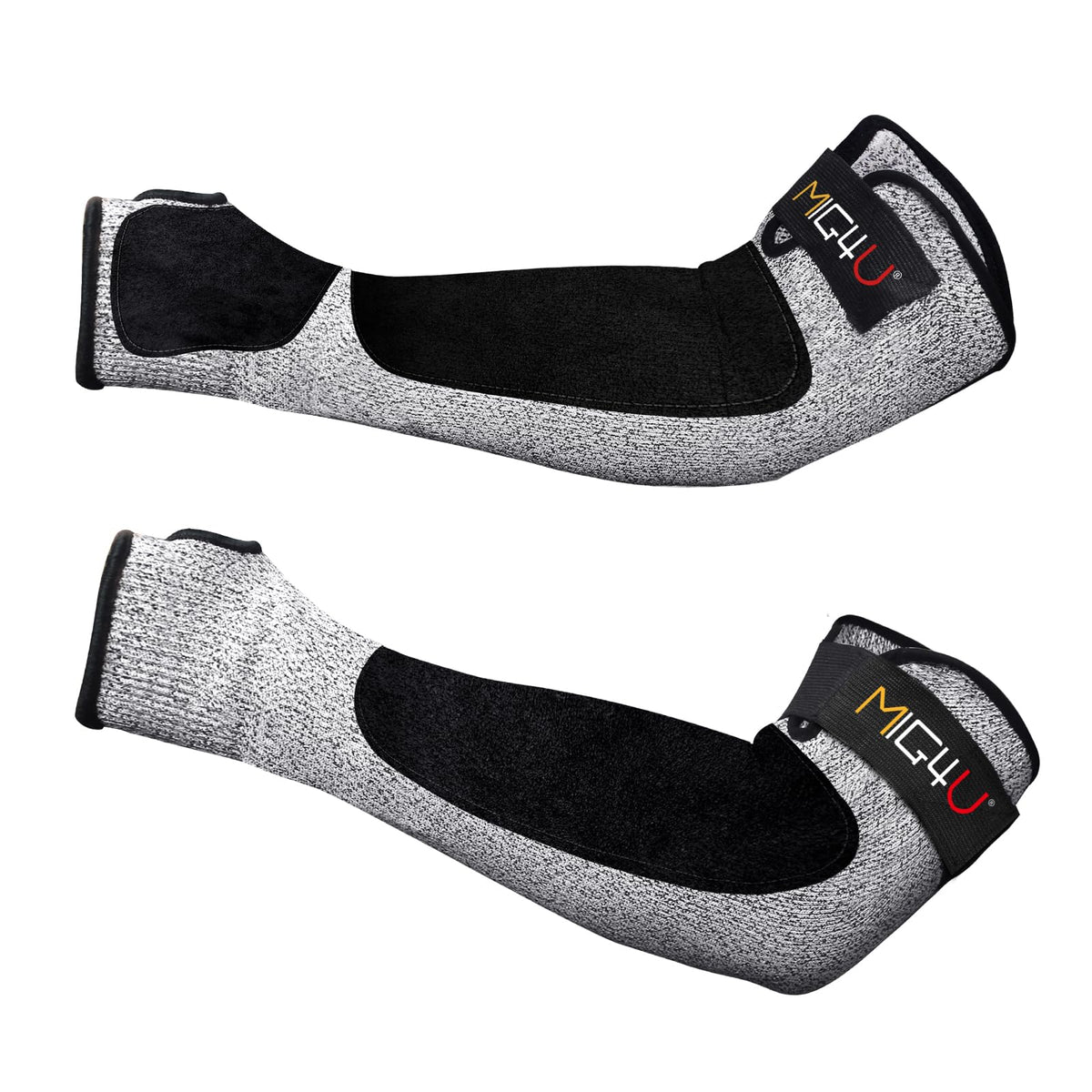 MIG4U cut-resistant sleeve with leather patch provides anti-puncture protection during metal handling.