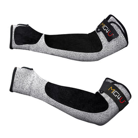 MIG4U cut-resistant sleeve with leather patch provides anti-puncture protection during metal handling.