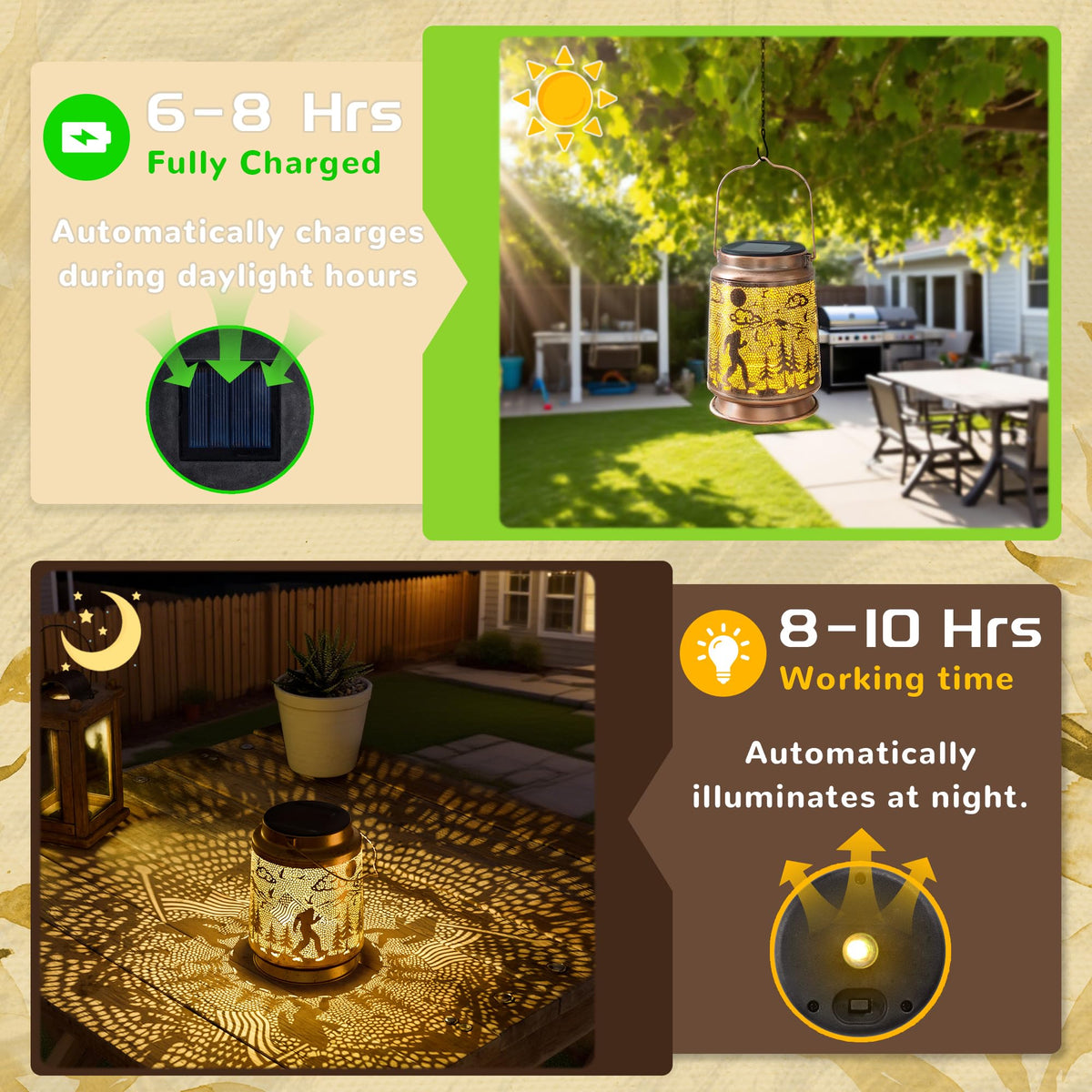 Miggley Bigfoot solar lantern demonstrates effortless auto-on dusk lighting.