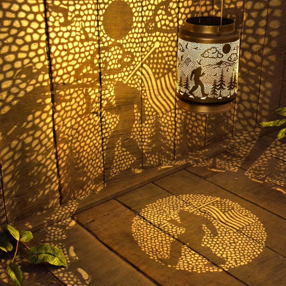 Miggley Bigfoot solar lantern hanging from a pergola creates warm outdoor ambience.