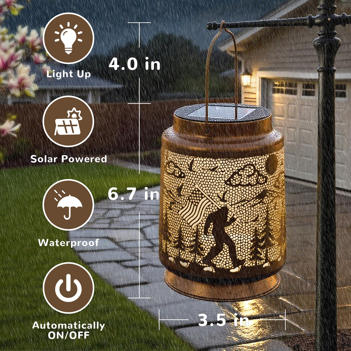 Miggley Bigfoot solar lantern lights your walkway at night.