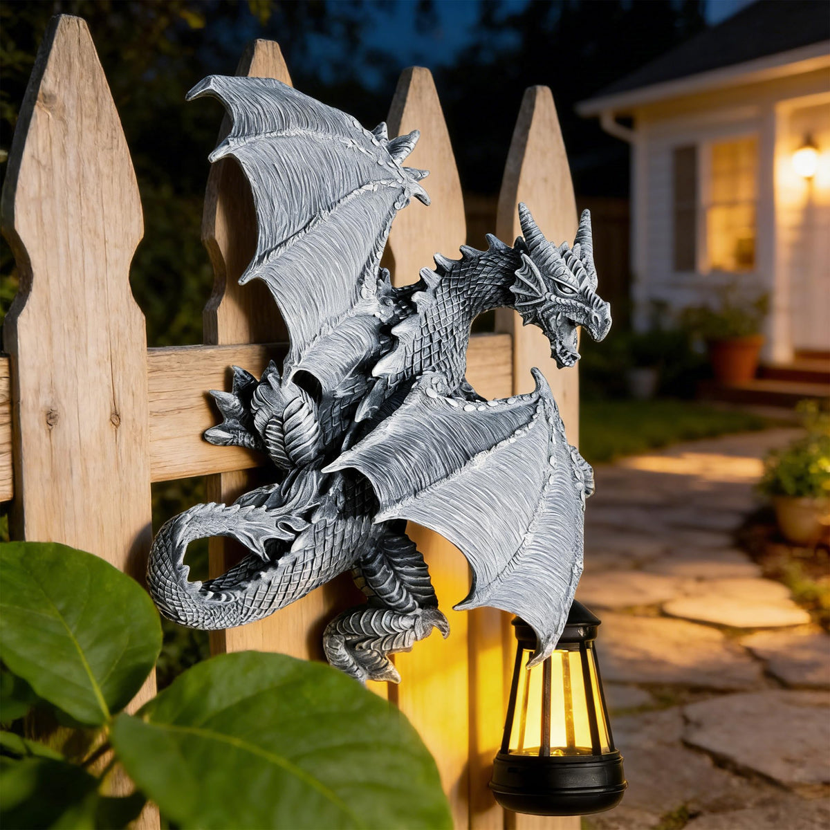 Miggley Dragon Tree Hugger solar panel glow for dusk ambience.