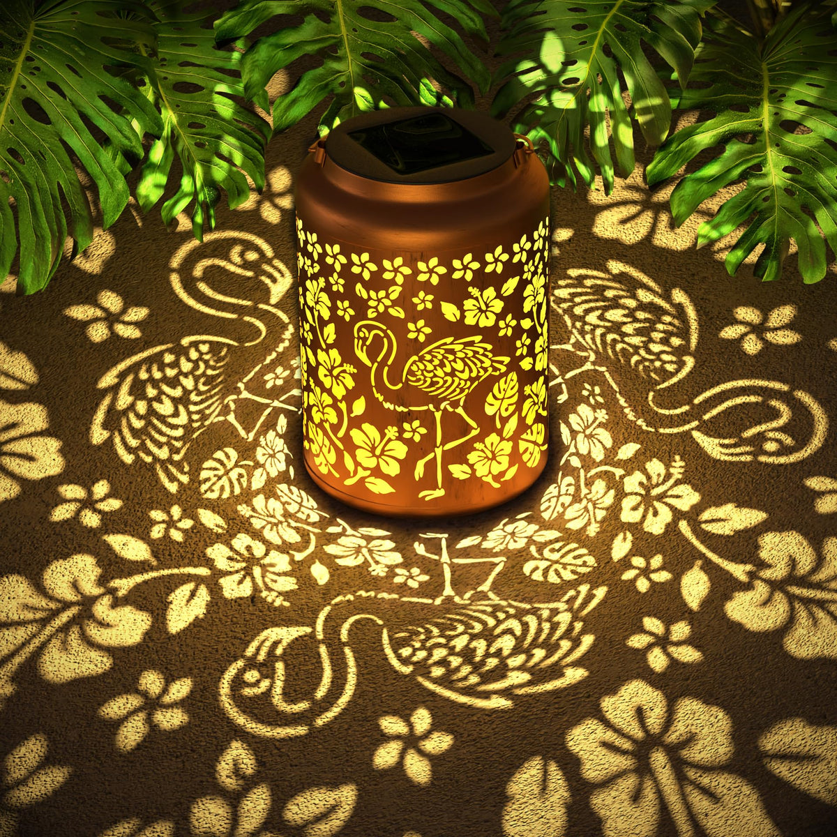Miggley flamingo outdoor solar lantern highlights the delicate flamingo motif for warm garden glow