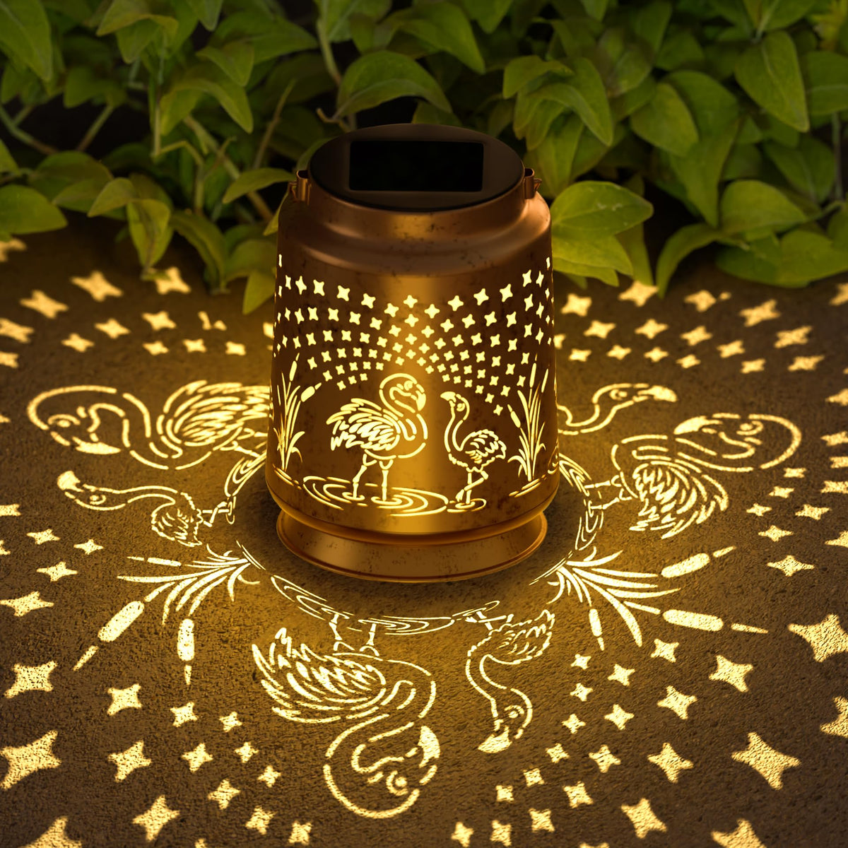 Miggley flamingo solar lantern hanging glow enhances patio ambiance at night.