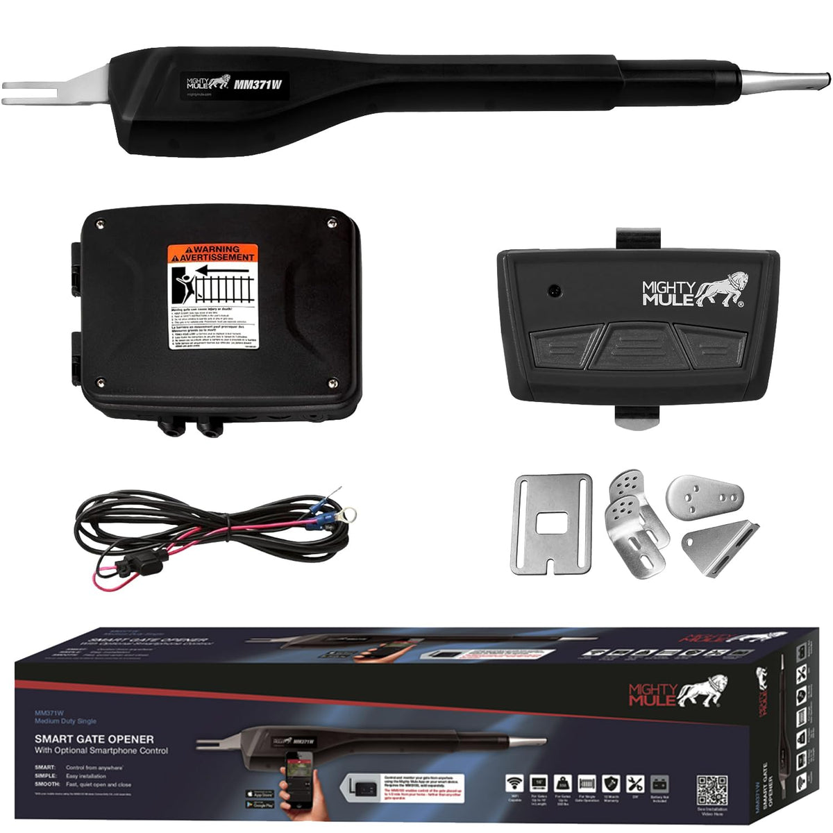 Mighty Mule MM371W gate opener front view for durable outdoor automation