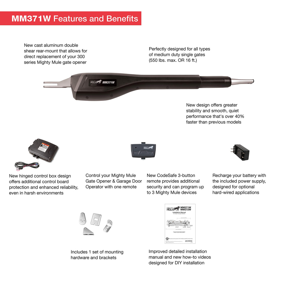 Mighty Mule MM371W remote with three buttons for easy access