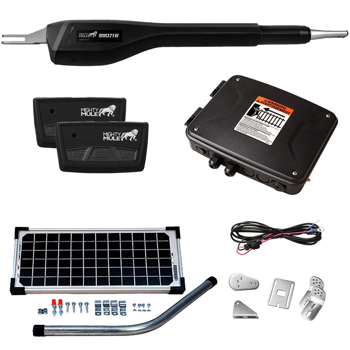 Mighty Mule MM371W-SOL solar panel powering a gate for eco-friendly access