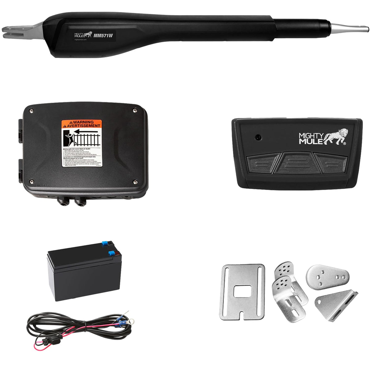 Mighty Mule MM571W gate opener kit enables simple installation for reliable single-swing operation.