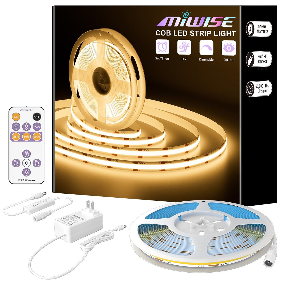 MIIWISE COB LED strip: 20 ft of warm white light with seamless illumination.