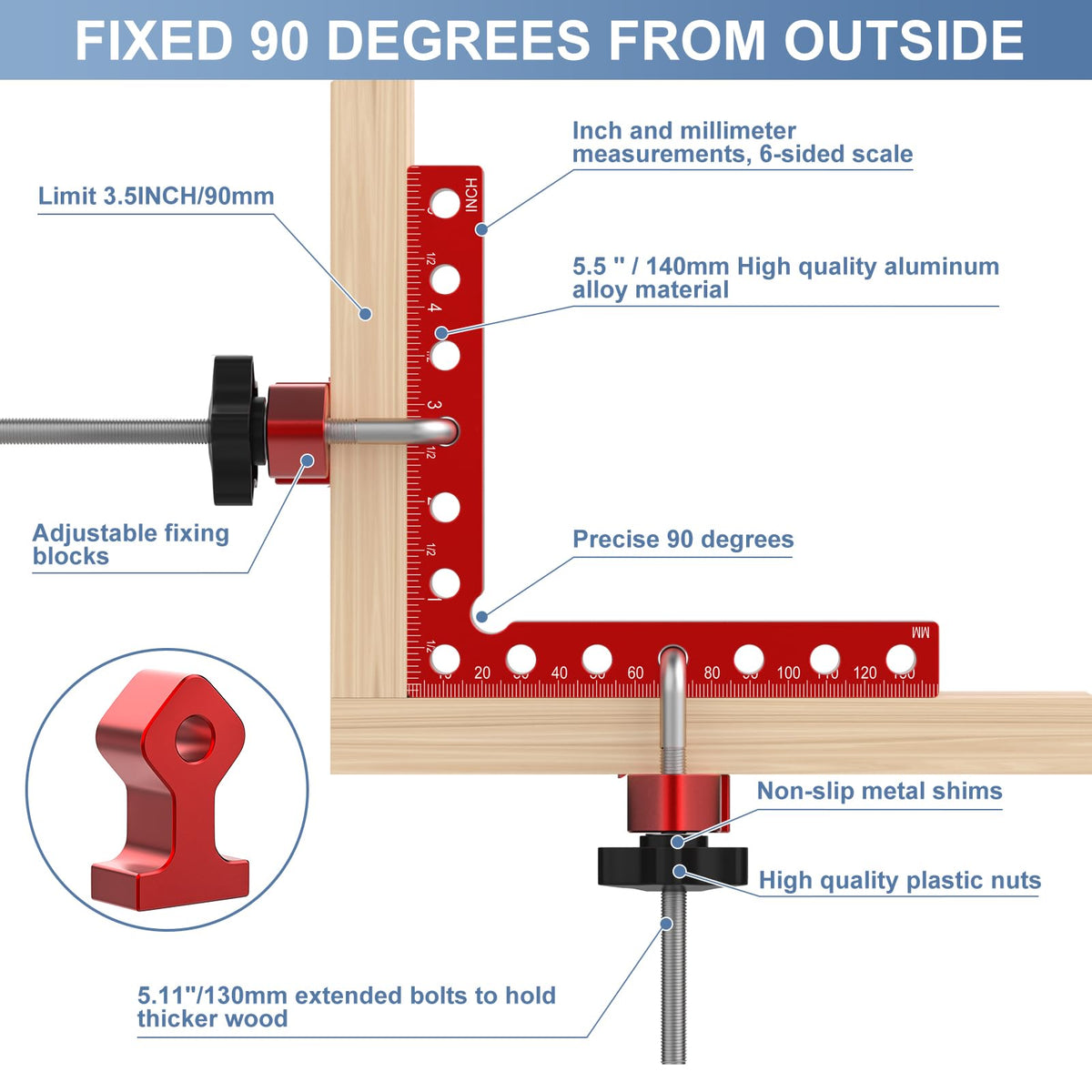 Mikego clamp features anodized red surface for rust resistance.