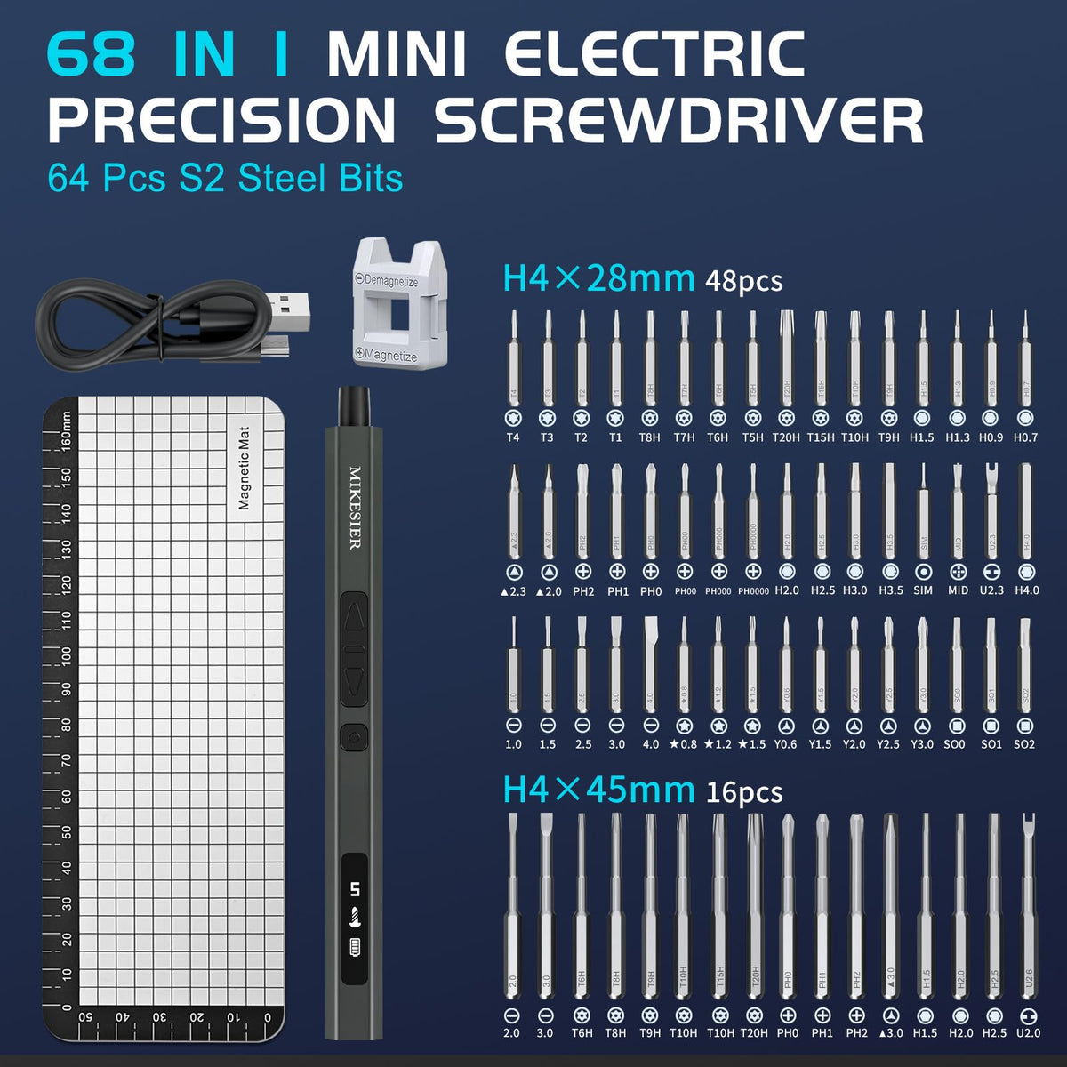 MIKESIER 64 magnetic bits cover a wide range of screws for electronics and small projects.