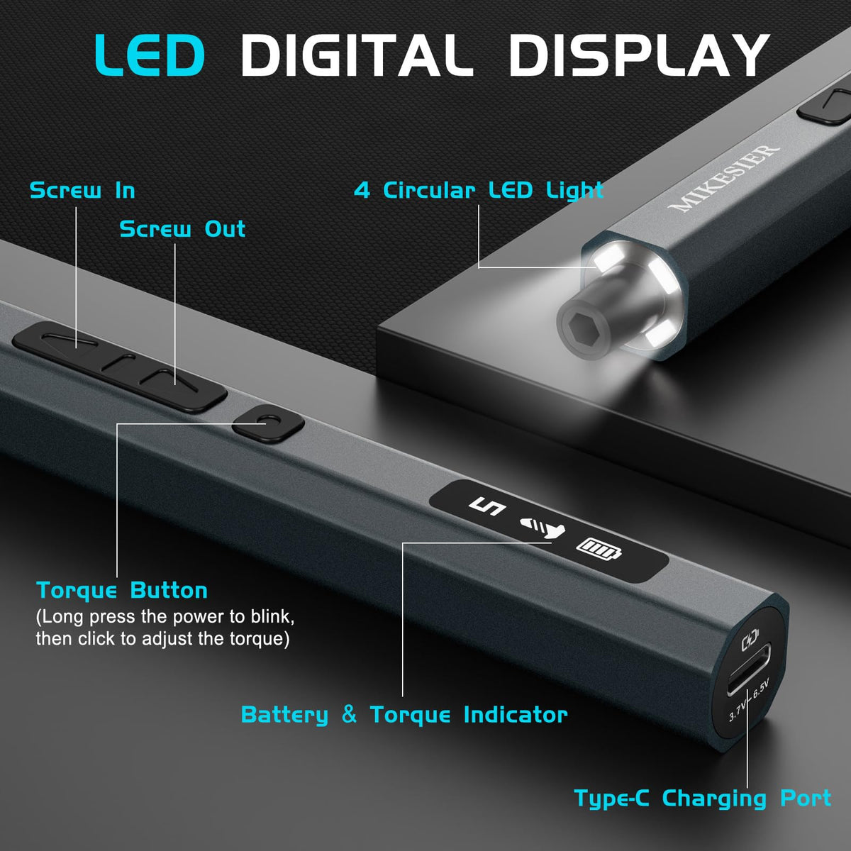 MIKESIER precision screwdriver shows five torque levels for delicate electronics.