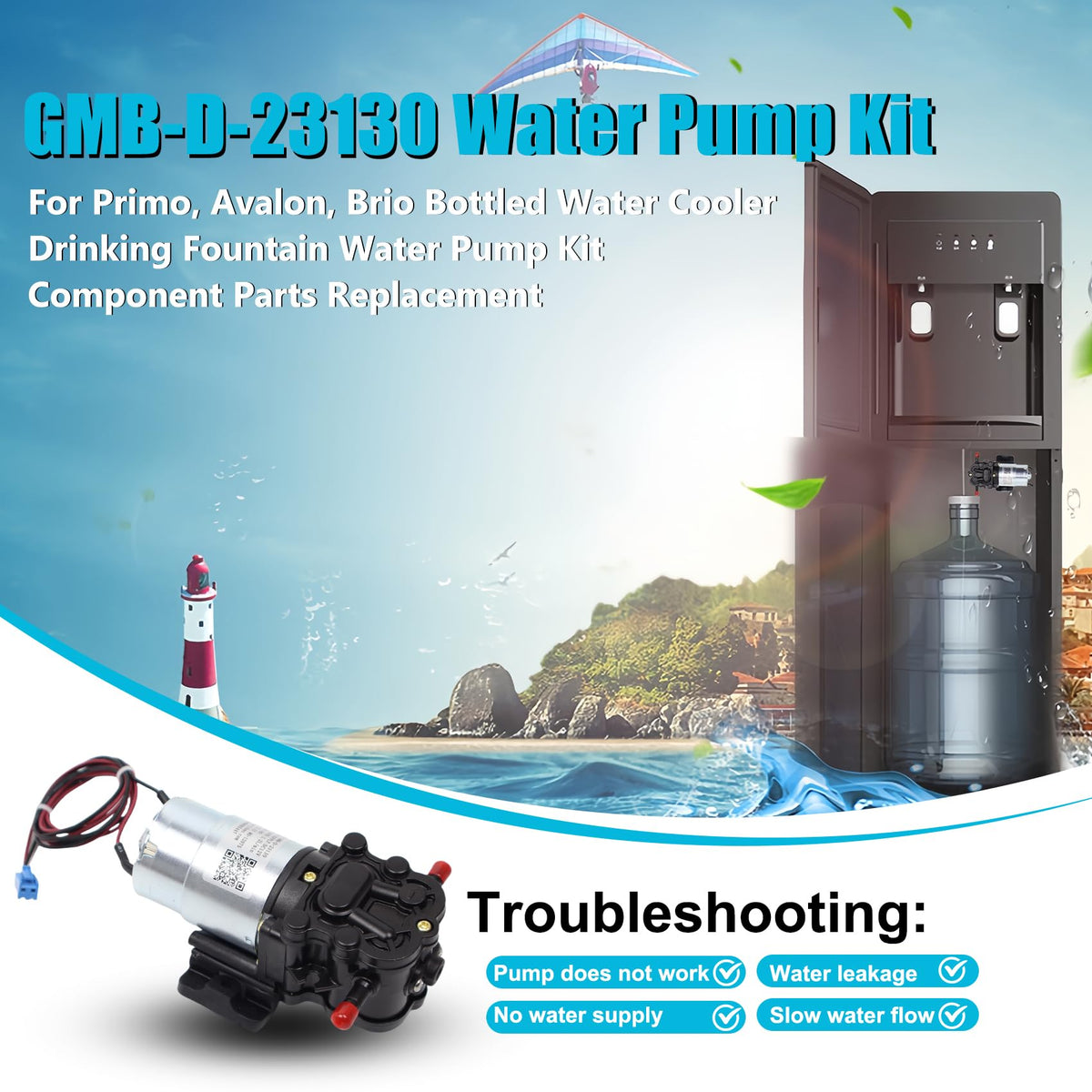Mikjiik water pump components close-up, includes DC12V motor and connectors