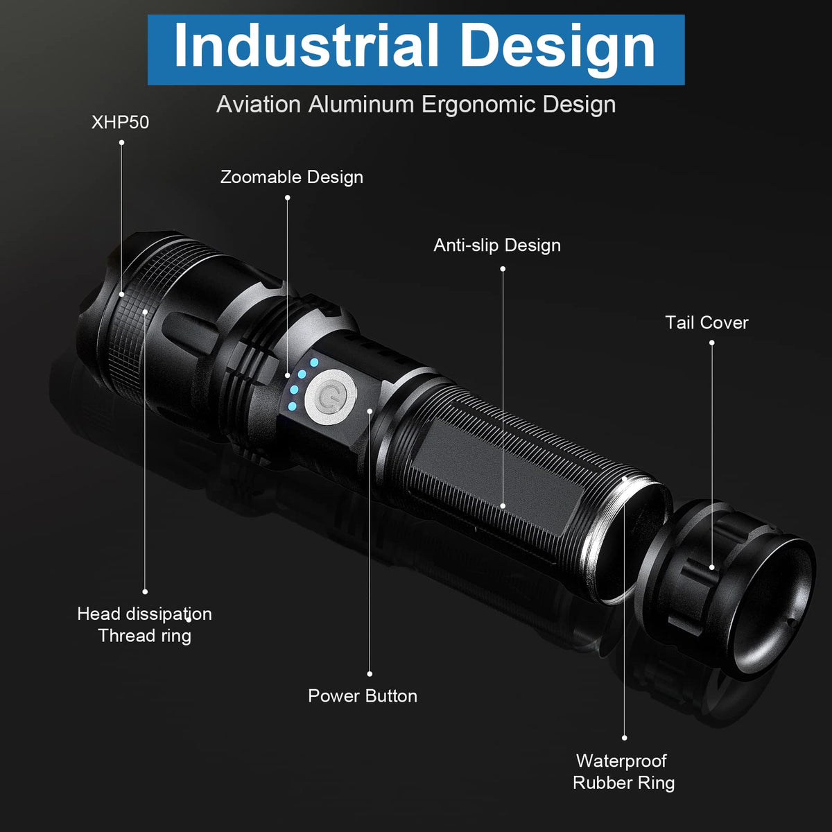 MILAO SHU five-modes LED supports high, medium, low, strobe, and SOS.