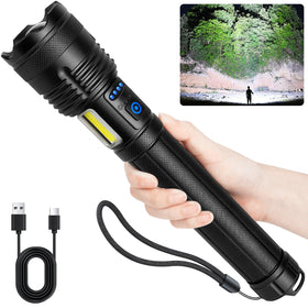 MILAOSHU 90,000-lumen flashlight front view for powerful outdoor lighting.