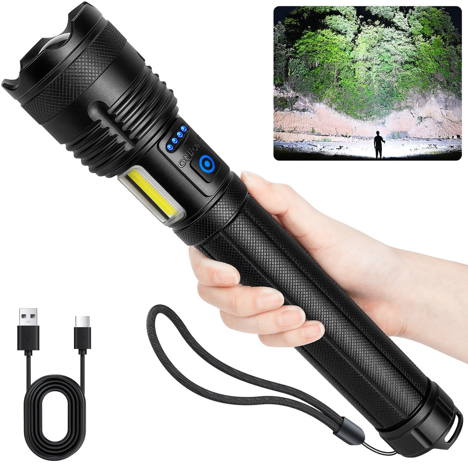 MILAOSHU 90,000-lumen flashlight front view for powerful outdoor lighting.
