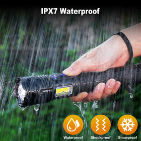 MILAOSHU IPX7 waterproof flashlight for rain and rugged use.