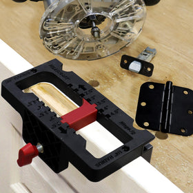 Milescraft 1226 hinge jig depth setting shown for consistent cuts
