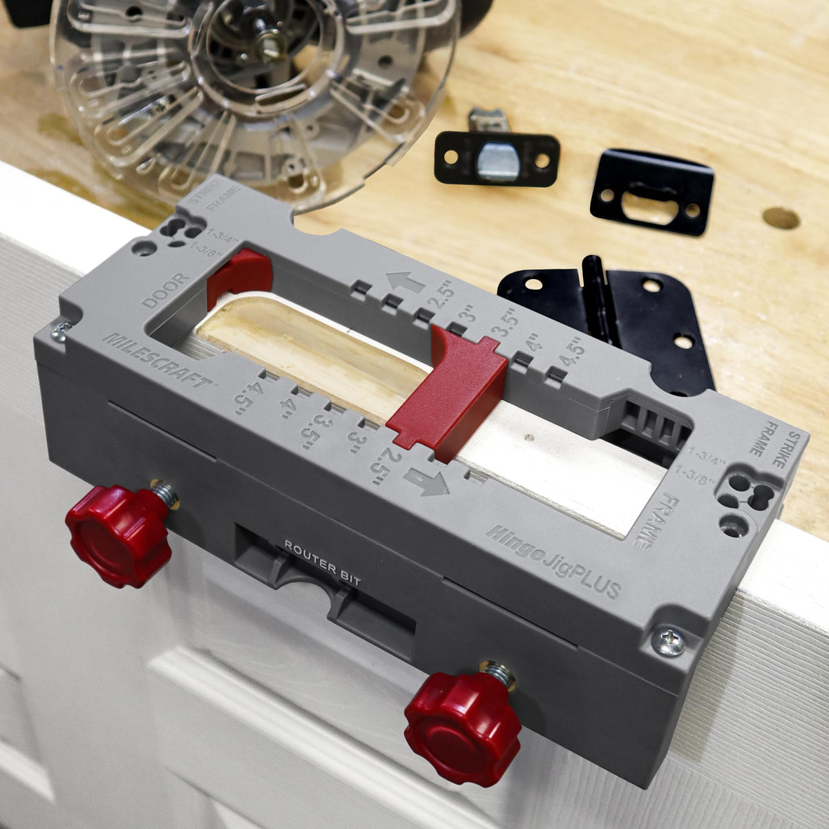 Milescraft 1229 HingeJigPLUS door hinge mortise capability 2.5 to 4.5 inches.