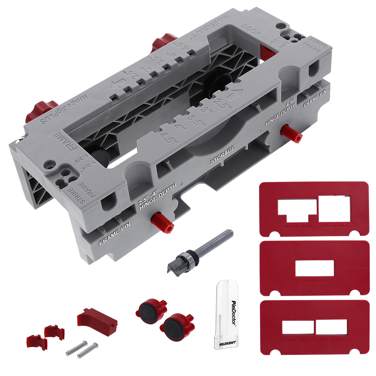 Milescraft 1229 HingeJigPLUS dual clamping for clean hinge mortises.