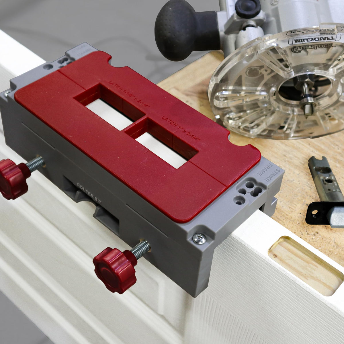 Milescraft 1229 HingeJigPLUS frame mounting for precise jamb work.