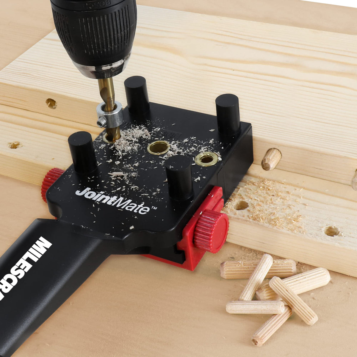 Milescraft DowelJig Kit bushings closeup showing durable metal guides