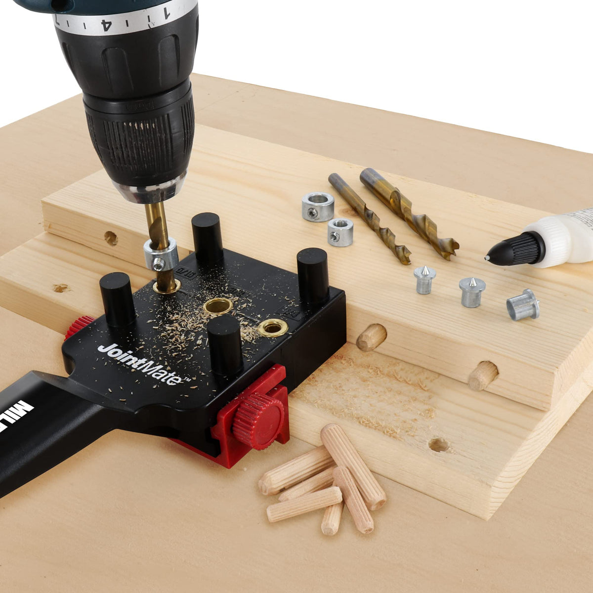 Milescraft DowelJig Kit dowel centers closeup for center marking