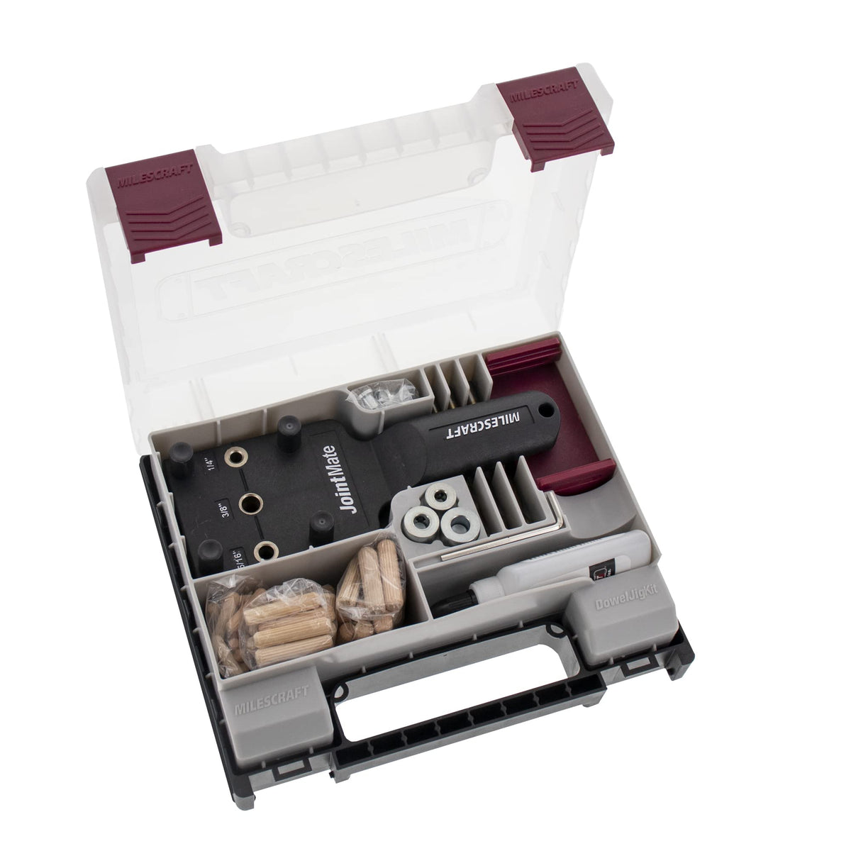 Milescraft DowelJig Kit in use on wood demonstrating precise joints