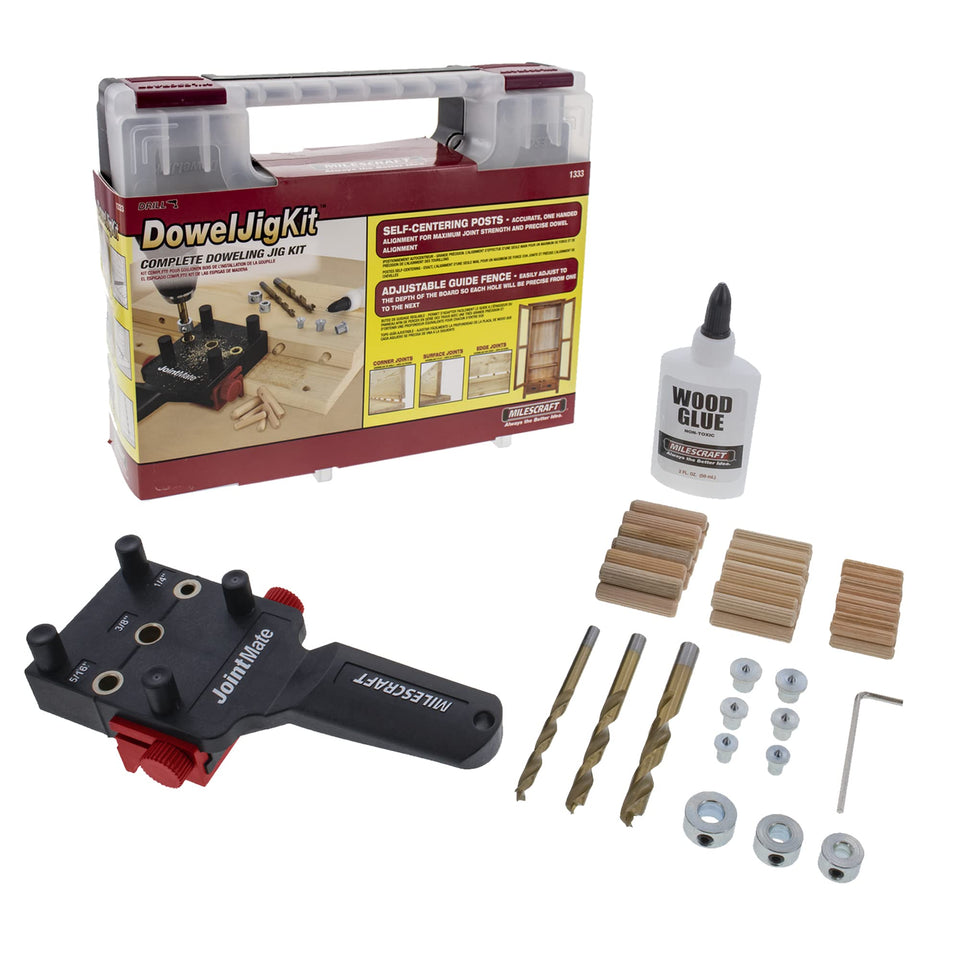 Milescraft DowelJig Kit side view for compact handheld alignment