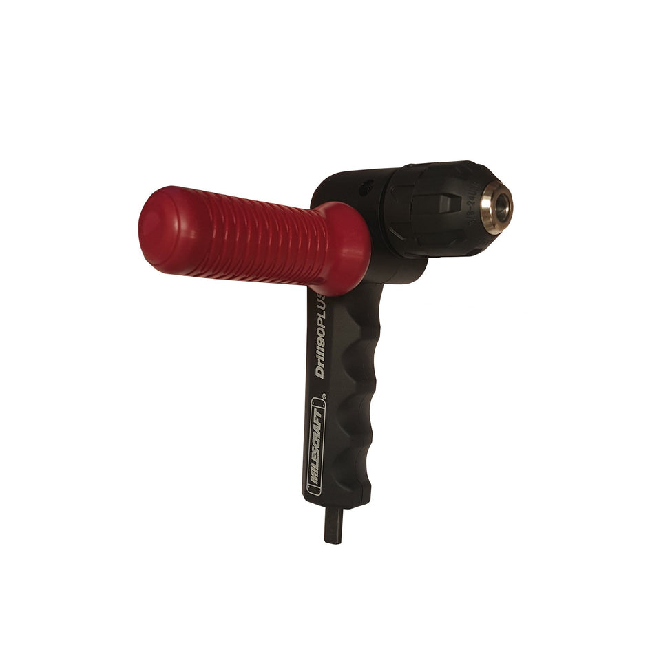 Milescraft Drill90PLUS right-angle attachment in action for tight-space drilling