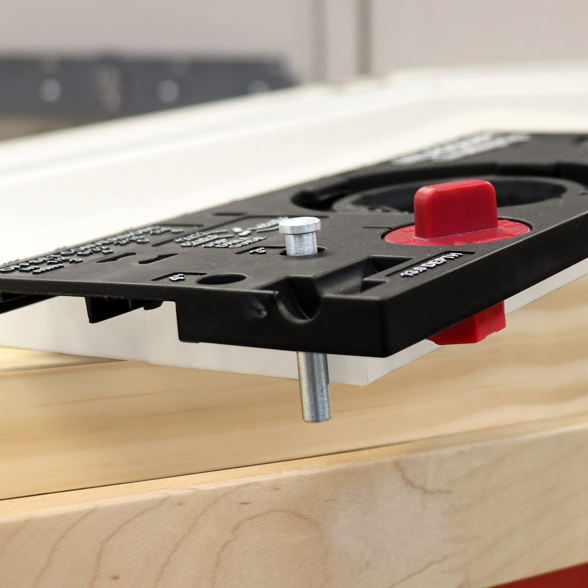 Milescraft EuroHingeJig depth settings illustrate two hinge hole depths for consistency