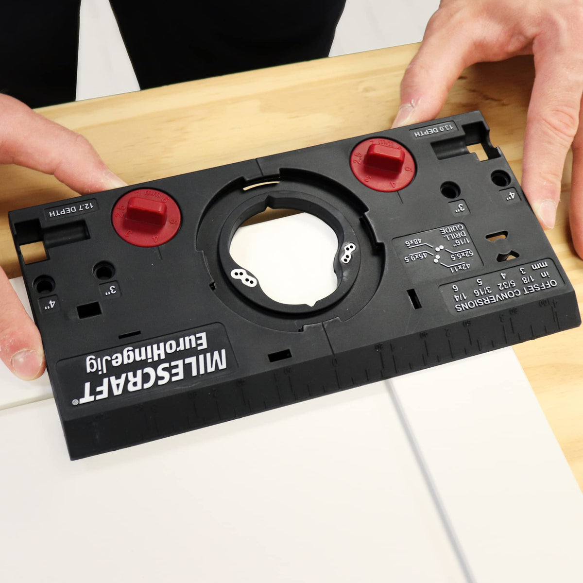 Milescraft EuroHingeJig metal drill guide locks into place for accurate hinge holes