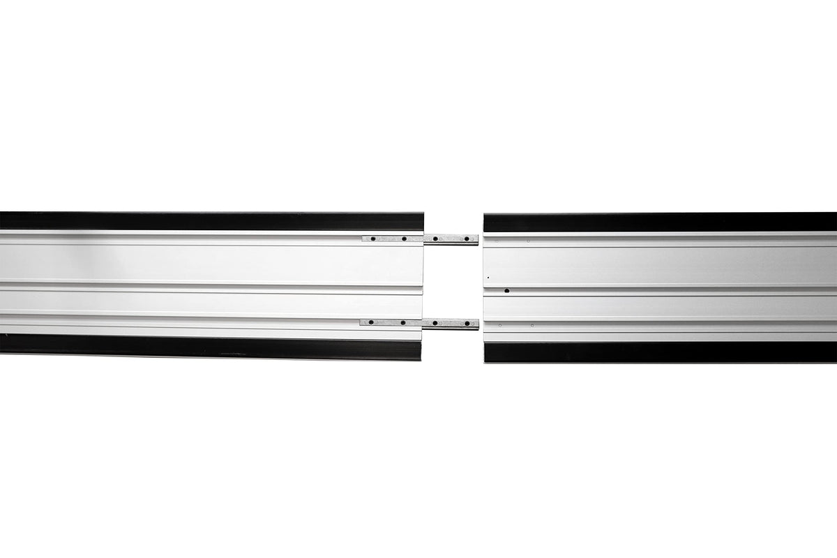 Milescraft extension rail connected to 1409 TrackSawGuide enabling precise long cuts on wide panels.