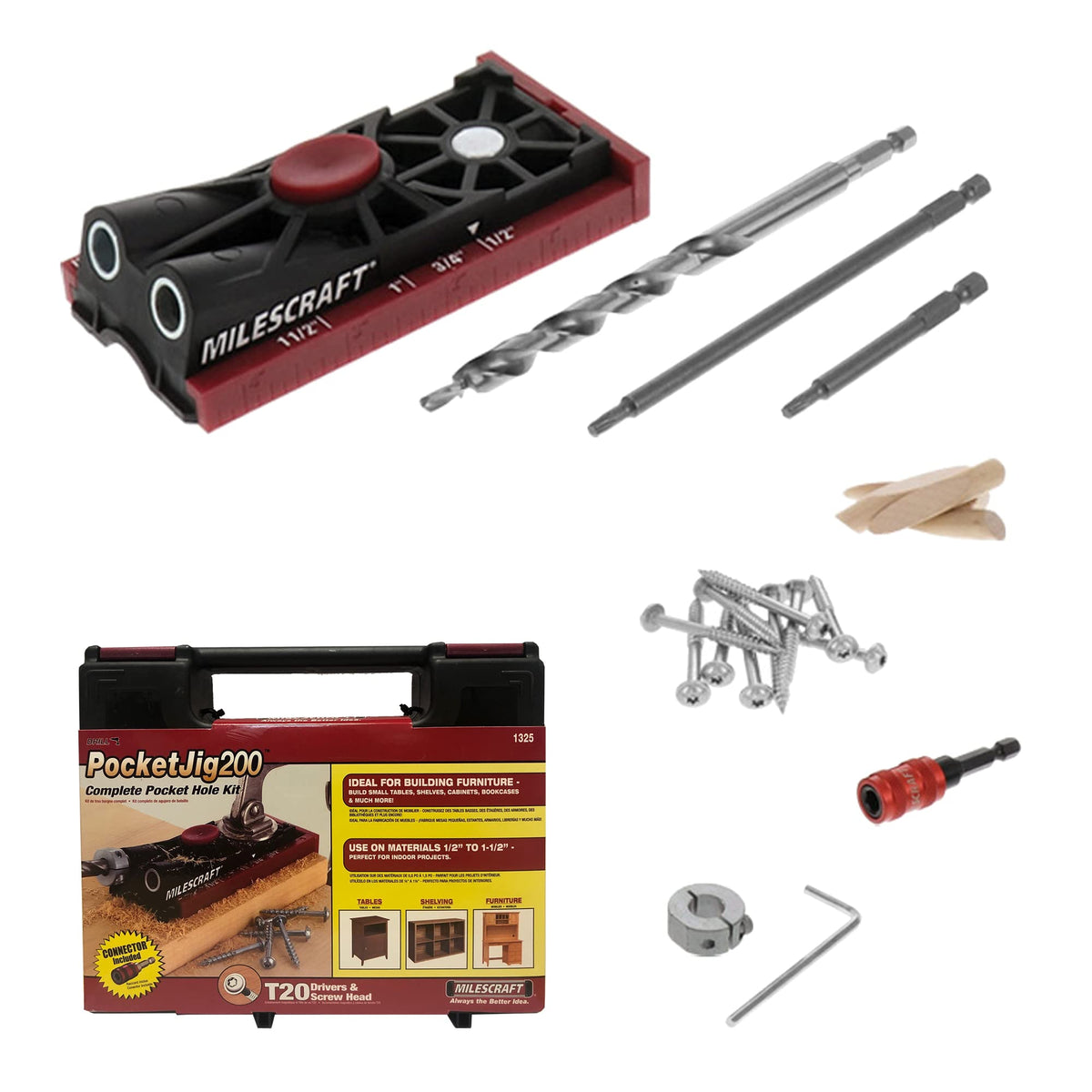 Milescraft PocketJig200 pocket hole kit in red enables precise joints