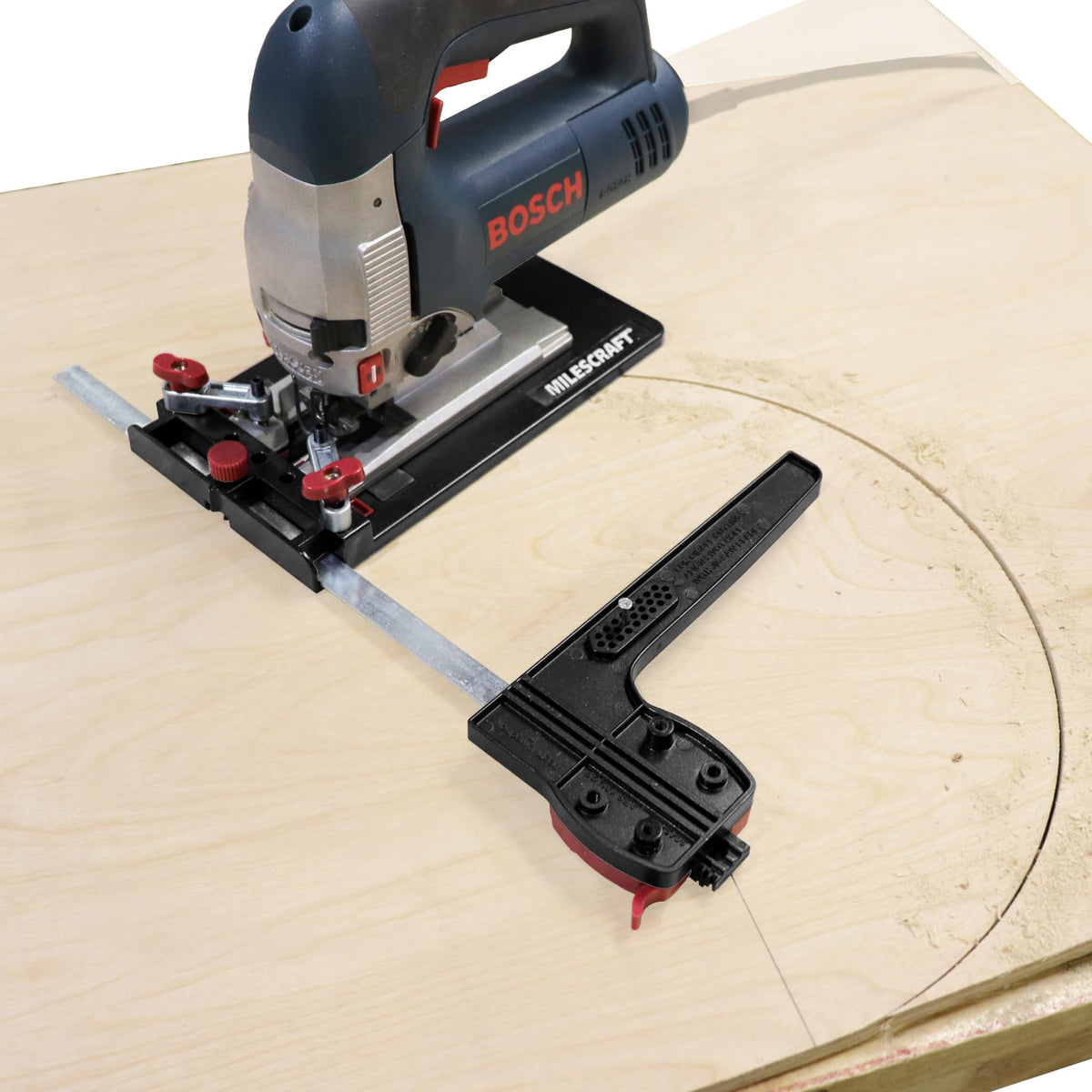 Milescraft SawGuide 1403 enables circle cuts up to 24 inches with a jig saw.