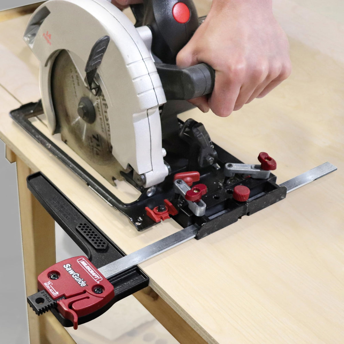 Milescraft SawGuide 1403 demonstrates straight edge cuts for repeatable results.