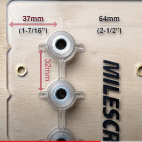 Milescraft ShelfJig detachable fence shows 37mm and 64mm offsets.