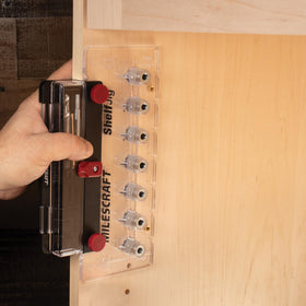 Milescraft ShelfJig see-through body reduces drilling errors.
