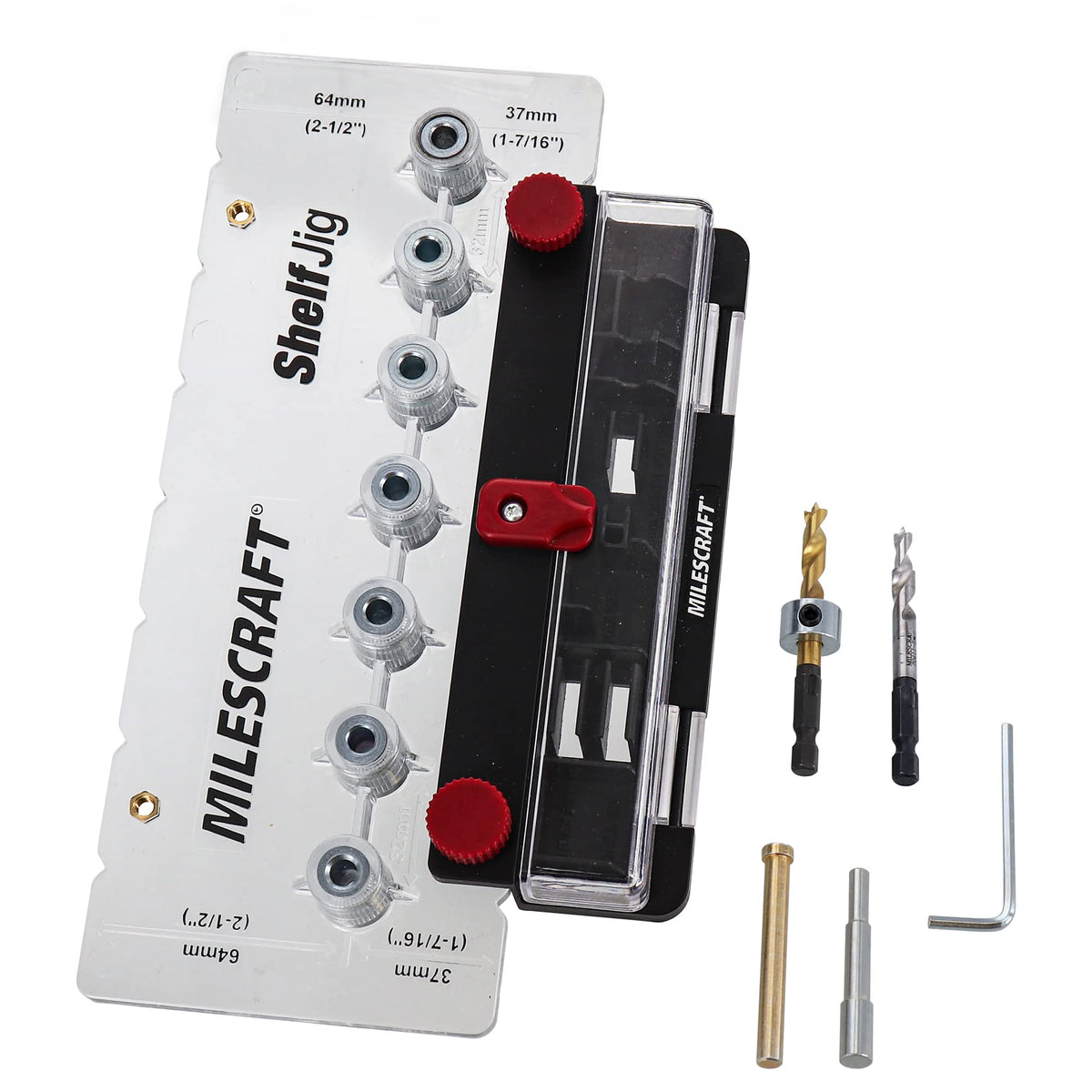 Milescraft ShelfJig setup visual shows quick alignment for cabinet holes.