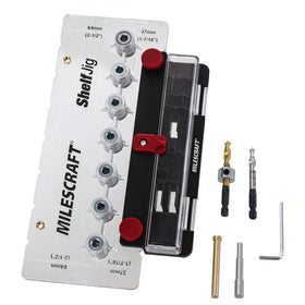 Milescraft ShelfJig setup visual shows quick alignment for cabinet holes.