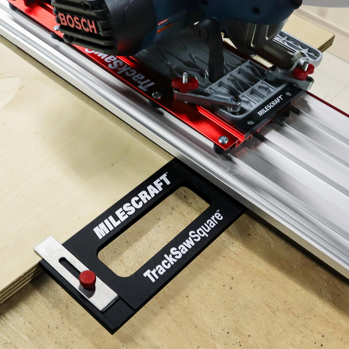 TrackSawSquare built-in stabilizer bar prevents tipping during sheet cuts