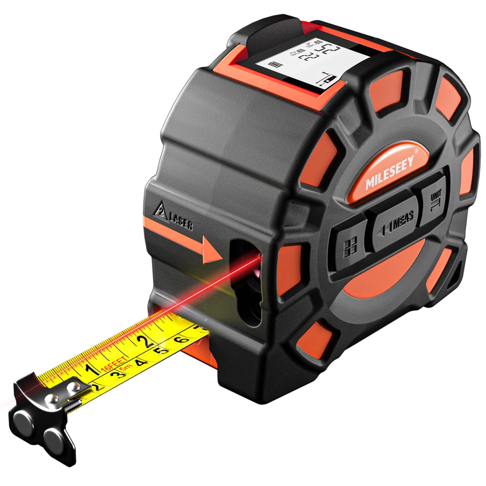 MiLESEEY 2-in-1 laser measuring tape with backlit display for easy dim-area readings.