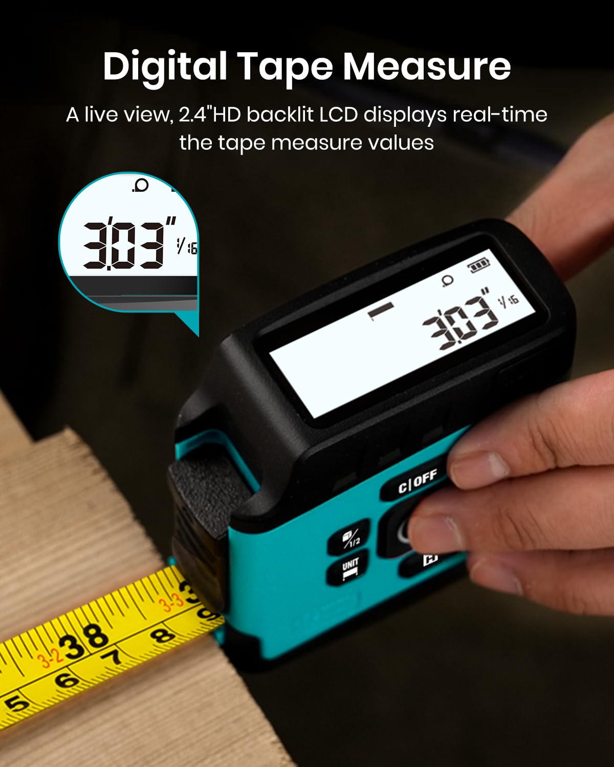 MiLESEEY DT20 display in action shows real-time measurements as you pull the tape