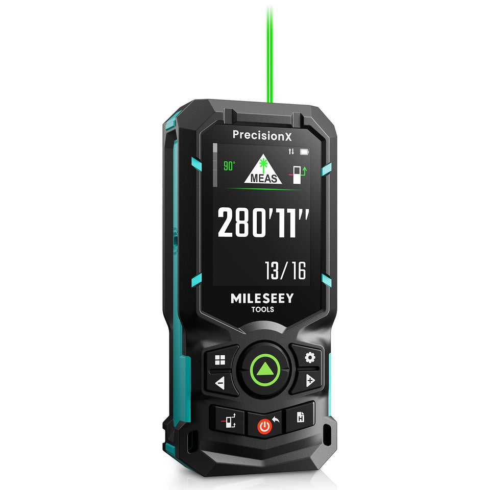 MiLESEEY S50 front view with green beam for outdoor distance measurement.