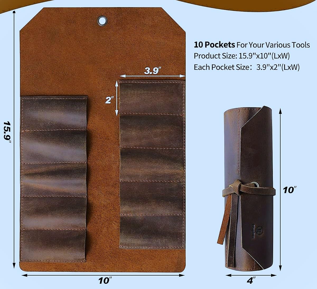 Militaria Stuffs Leather Tool Roll Pockets 2 inch wide for tools