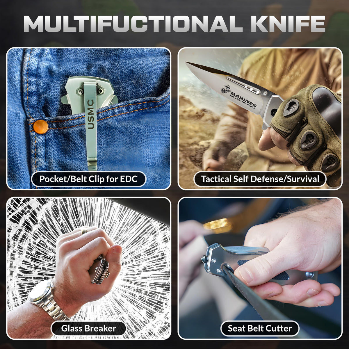Military Gift Shop USMC knife clip closeup shows a durable pocket clip.